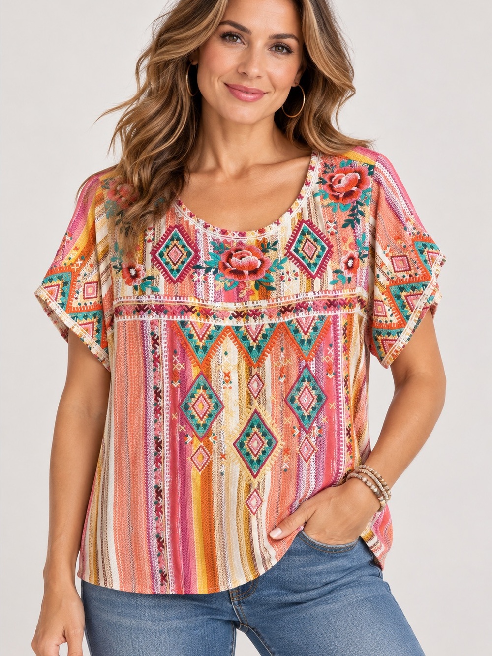 Boho Embroidered Short Sleeve Top - Pink Multi